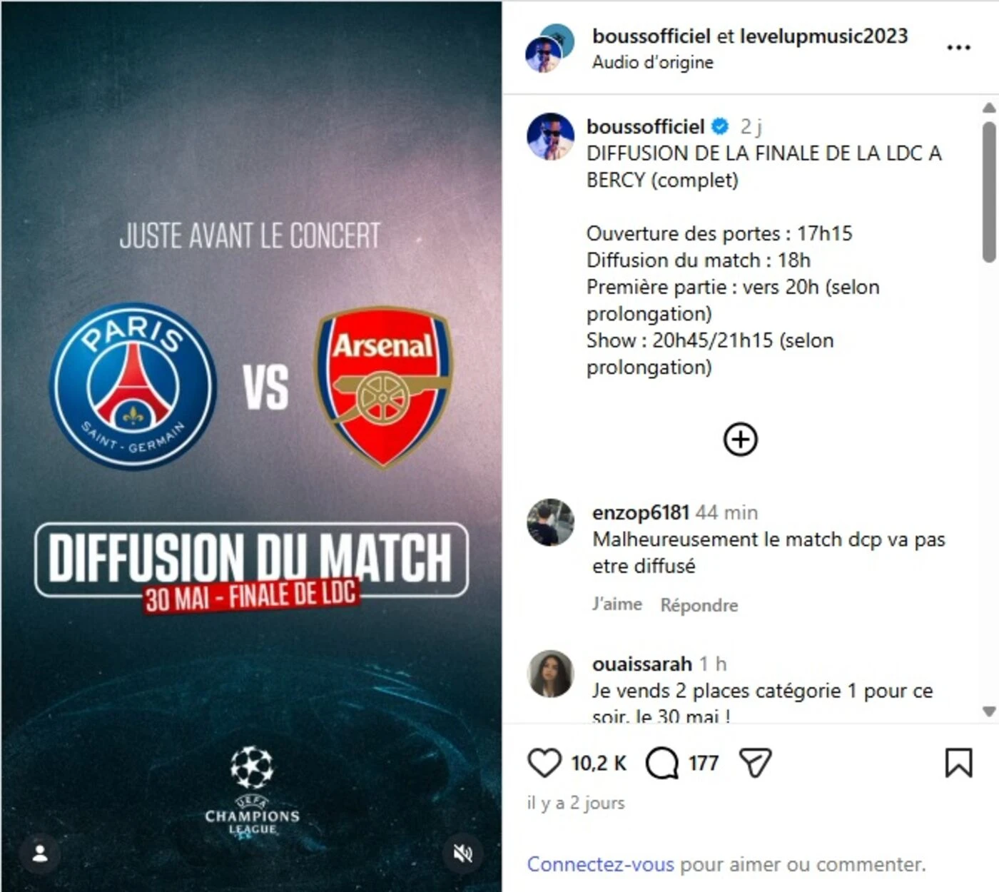 La retransmission du match PSG-Arsenal avant le concert de Bouss à l’Accor Arena finalement annulée