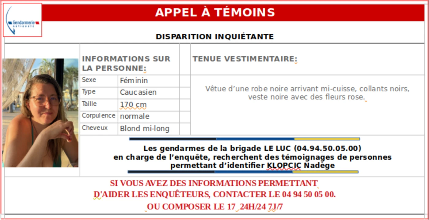 La gendarmerie du Var lance un appel à témoins après la disparition inquiétante d’une jeune femme