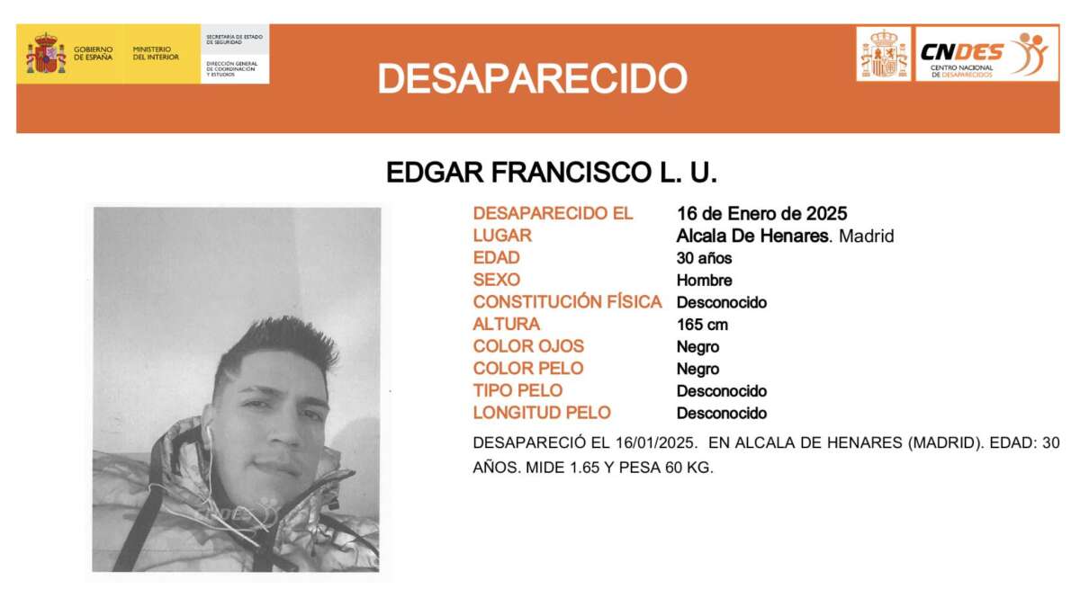 Buscan desde hace 13 días a Edgar Francisco, un hombre de 30 años desaparecido en Madrid