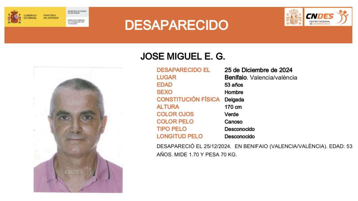 La Guardia Civil activa la alerta para encontrar a Jose Miguel, el hombre desaparecido en València