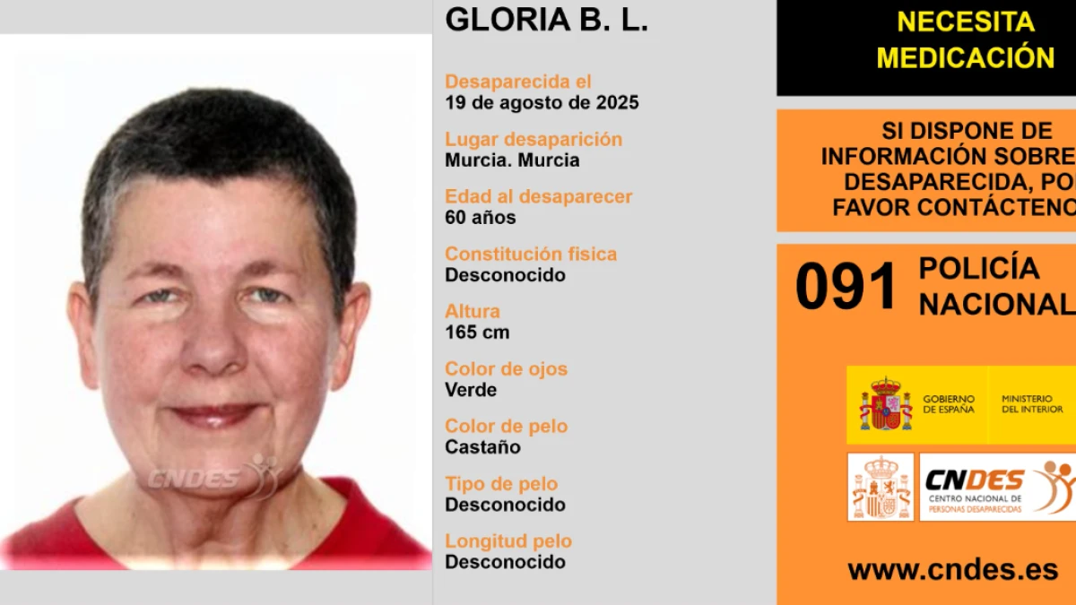 En paradero desconocido Gloria B. L., una mujer de 60 años desaparecida en Murcia