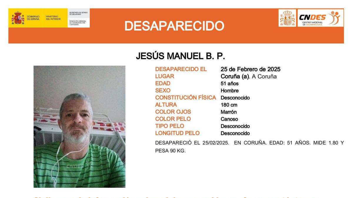 Sin rastro de Jesús Manuel B. P., un hombre de 51 años desaparecido en A Coruña