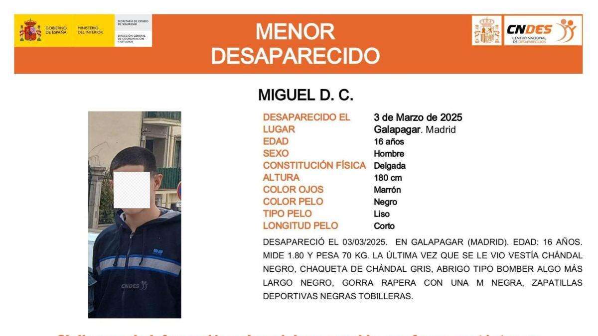 Sin rastro de Miguel D. C., un menor de 16 años desaparecido en Madrid