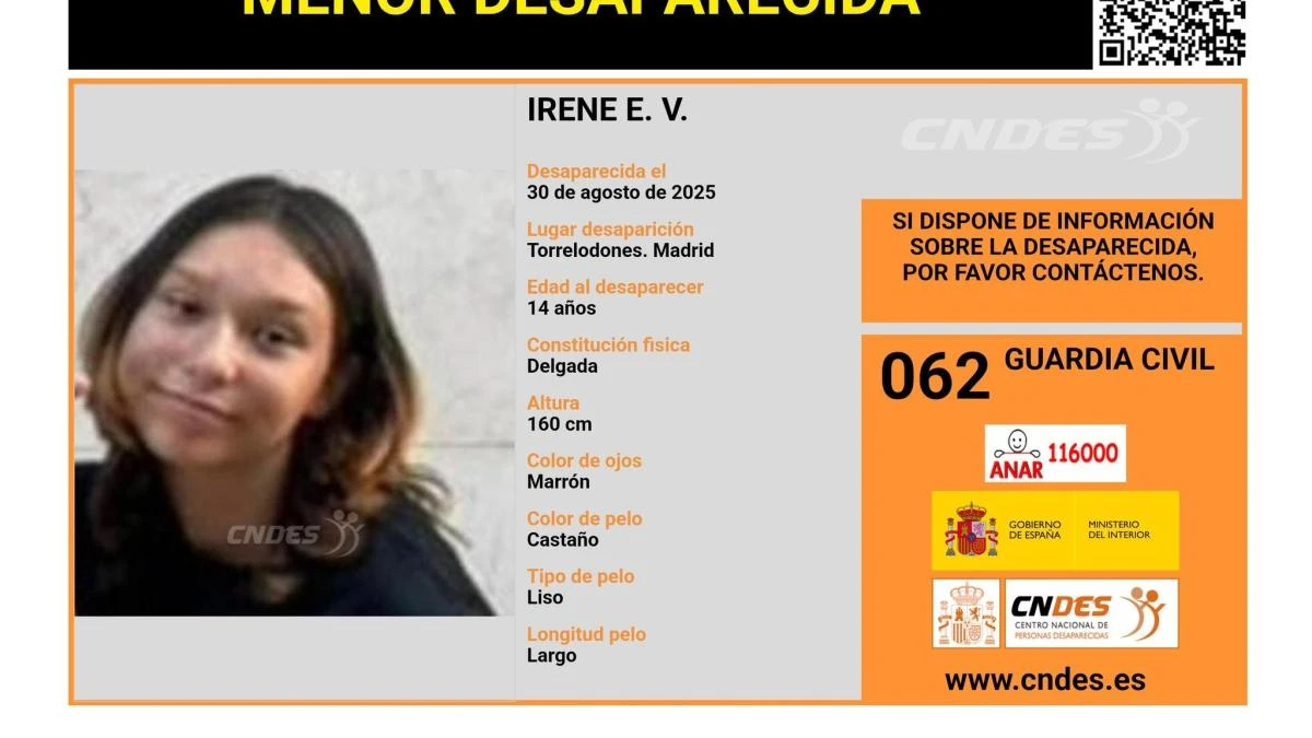 En paradero desconocido Irene E. V., una menor de 14 años desaparecida en Madrid