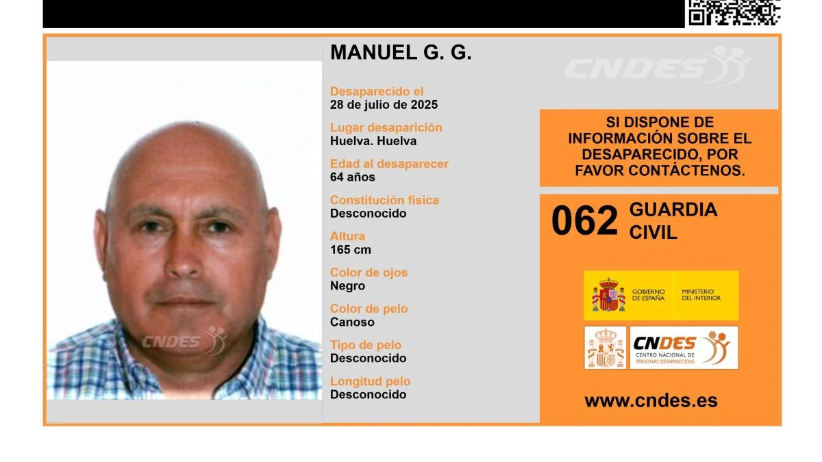 Sin pistas sobre el paradero de Manuel G. G., un hombre de 64 años desaparecido en Huelva