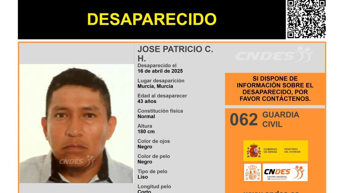 Sin rastro de Jose Patricio C. H., un hombre de 43 años desaparecido en Murcia