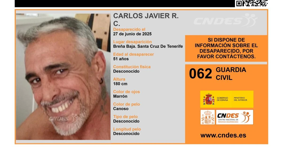 Activan una alerta para encontrar a Carlos Javier R. C., un hombre de 51 años desaparecido en Tenerife