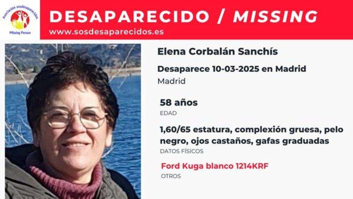 Alerta ciudadana para encontrar a Elena Corbalán Sanchís, una mujer de 58 años desaparecida en Madrid