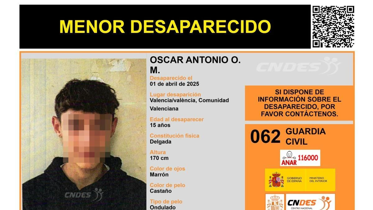 Sin rastro de Oscar Antonio O. M., un menor de 15 años desaparecido en València