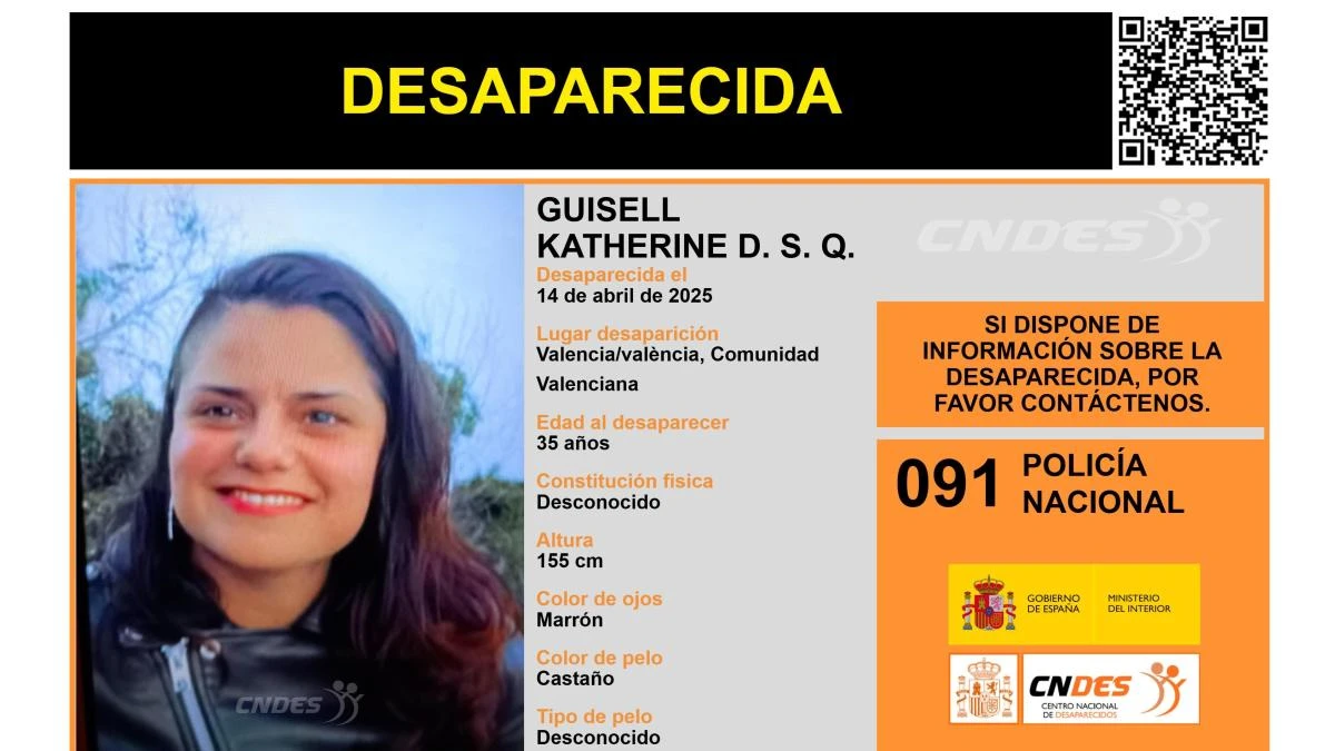 Activada una alerta para encontrar a Guisell Katherine D. S. Q., una mujer de 35 años desaparecida en València