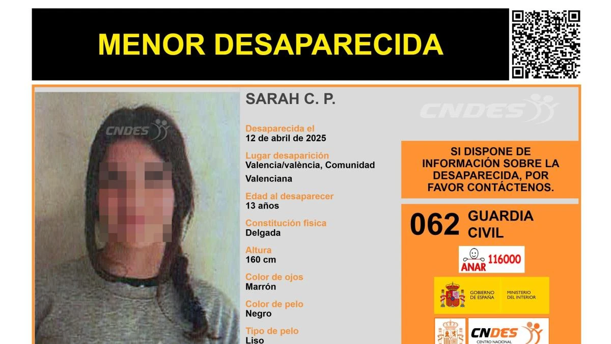 Activan una alerta para encontrar a Sarah C. P., una menor de 13 años desaparecida en València