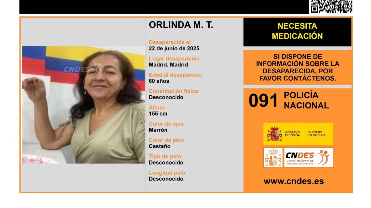 Activan una alerta para encontrar a Orlinda M. T., una mujer de 60 años desaparecida en Madrid