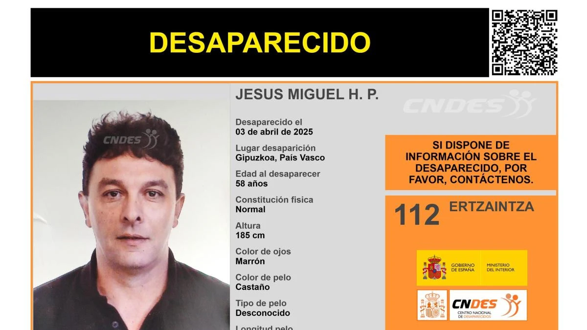 Activan una alerta para encontrar a Jesús Miguel H. P., un hombre de 58 años desaparecido en Guipúzcoa