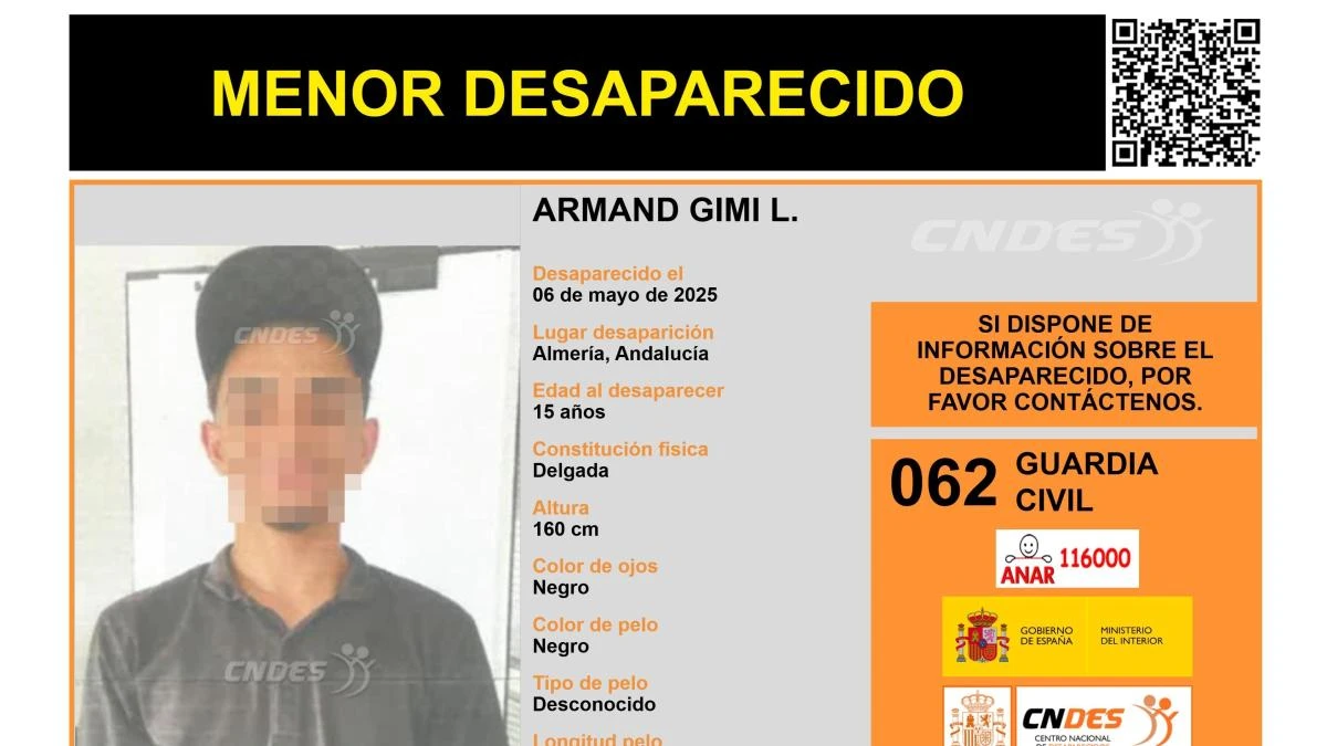 Activada una alerta para encontrar a Armand Gimi L., un menor de 15 años desaparecido en Almería
