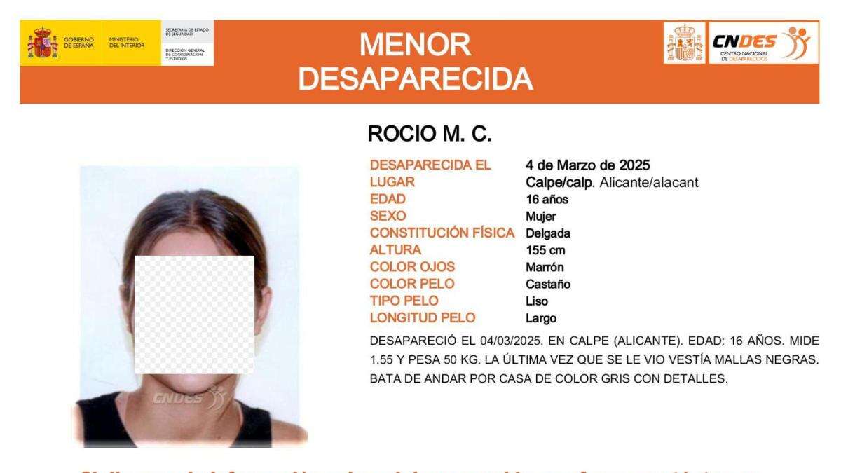 Activada una alerta para encontrar a Rocío M. C., una menor de 16 años desaparecida en Alicante