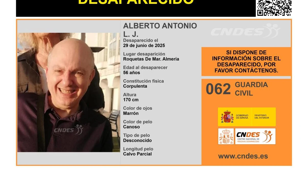Activan una alerta para dar con Alberto Antonio L. J., un hombre de 56 desaparecido en Almería