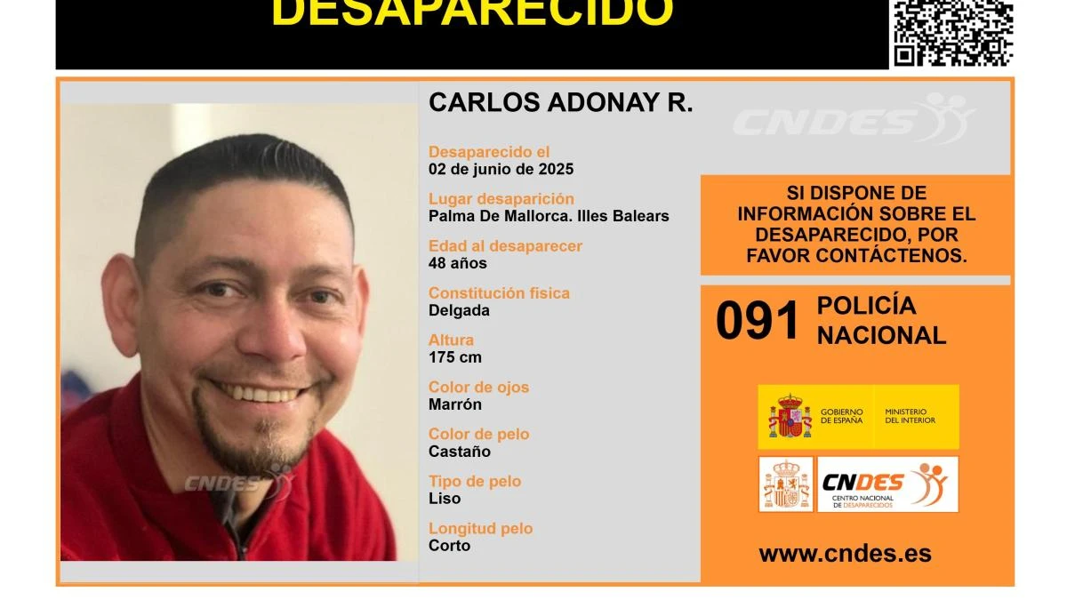 Activan una alerta para encontrar a Carlos Adonay R., un hombre de 48 años desaparecido en Palma de Mallorca