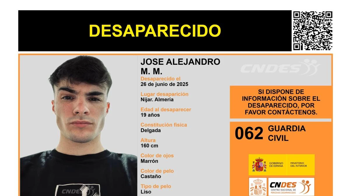 Activada una alerta para encontrar a José Alejandro M. M., un joven de 19 años desaparecido en Almería