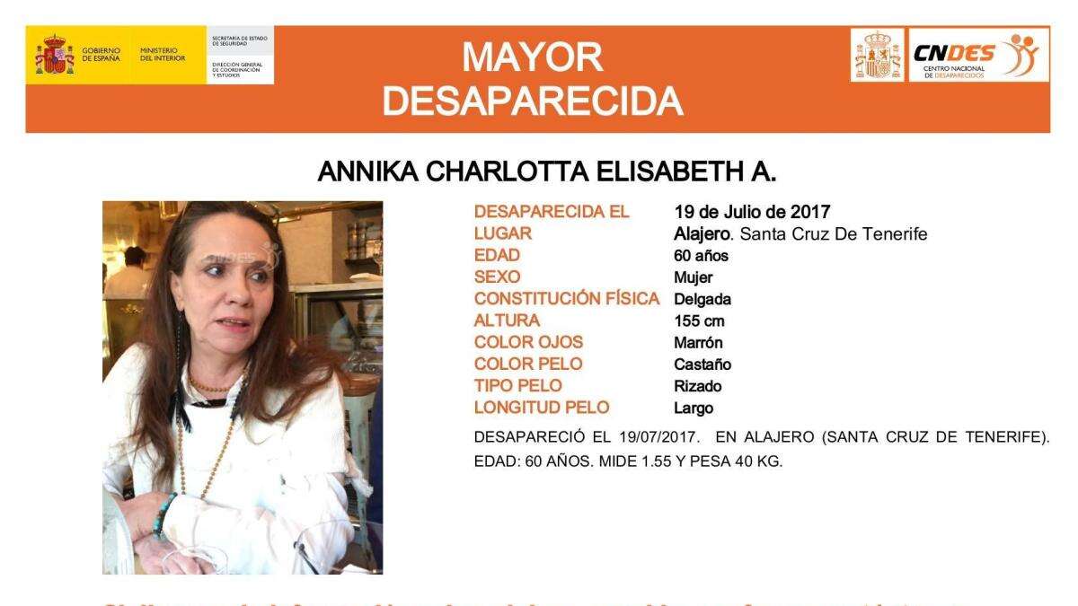 Sin pistas de Annika Charlotta Elisabeth A., una mujer mayor de 60 años desaparecida en Tenerife hace 8 años