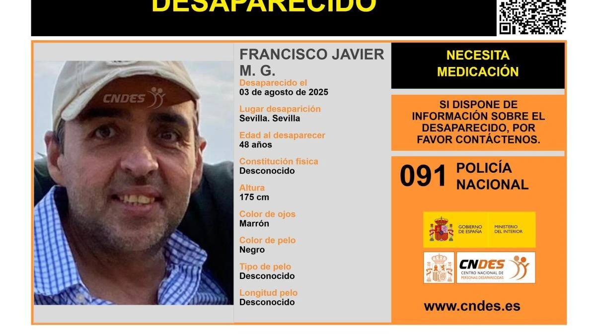 Sin rastro del paradero de Francisco Javier M. G., un hombre de 48 años desaparecido en Sevilla