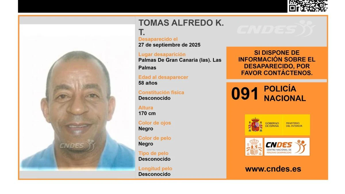 Activada una alerta para encontrar a Tomás Alfredo K. T., un hombre de 58 años desaparecido en Las Palmas de Gran Canaria