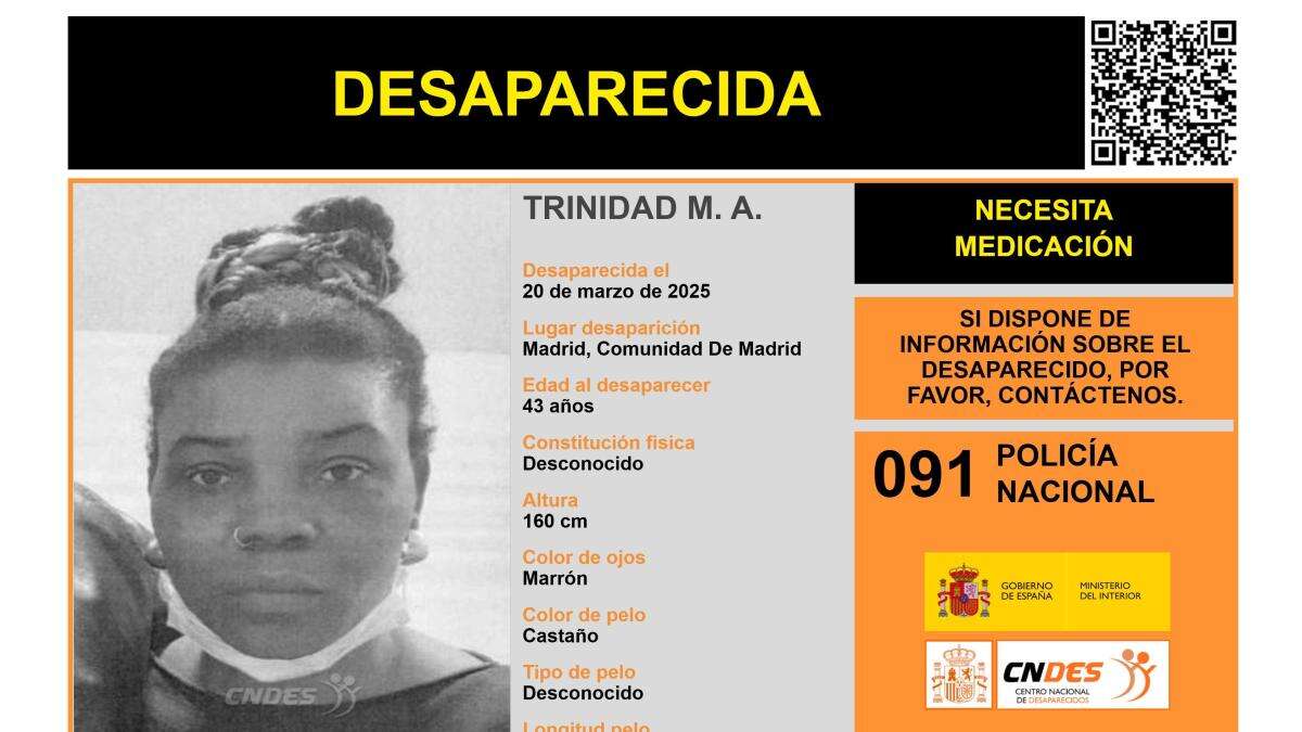 Activada una alerta para encontrar a Trinidad M. A., una mujer de 43 años desaparecida en Madrid