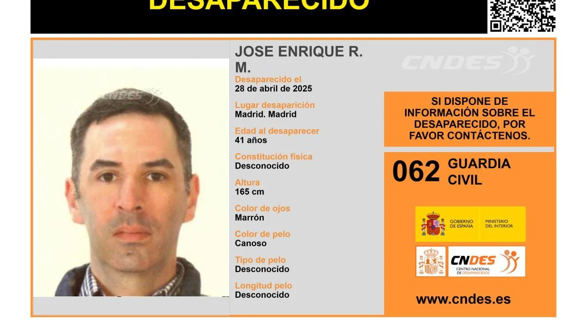 En paradero desconocido Jose Enrique R. M., un hombre de 41 años desaparecido en Madrid