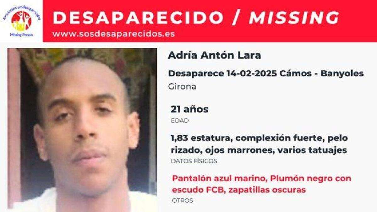 Activada una alerta para encontrar a Adriá Antón Lara, el joven de 21 años desaparecido en Girona