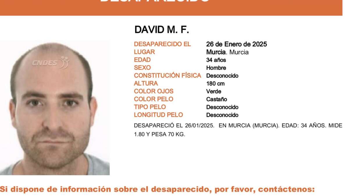 Sin rastro de David, el hombre de 34 años desaparecido en Murcia