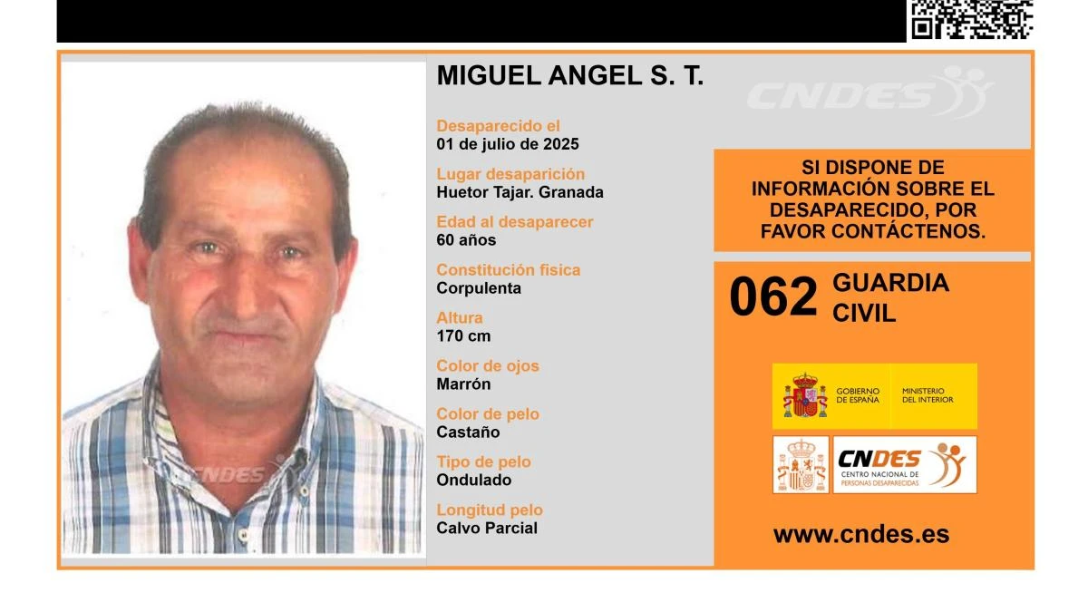 Activan una alerta para encontrar a Miguel Ángel S. T., un hombre de 60 años desaparecido en Granada