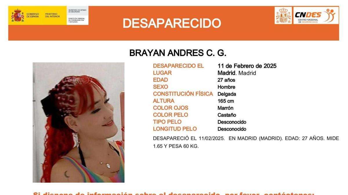 Sin rastro de Brayan Andres C. G., una joven de 27 años desaparecida en Madrid