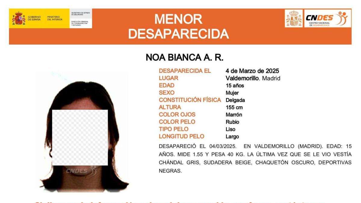 Activada una alerta para encontrar a Noa Bianca A. R., una menor de 15 años desaparecida en Madrid