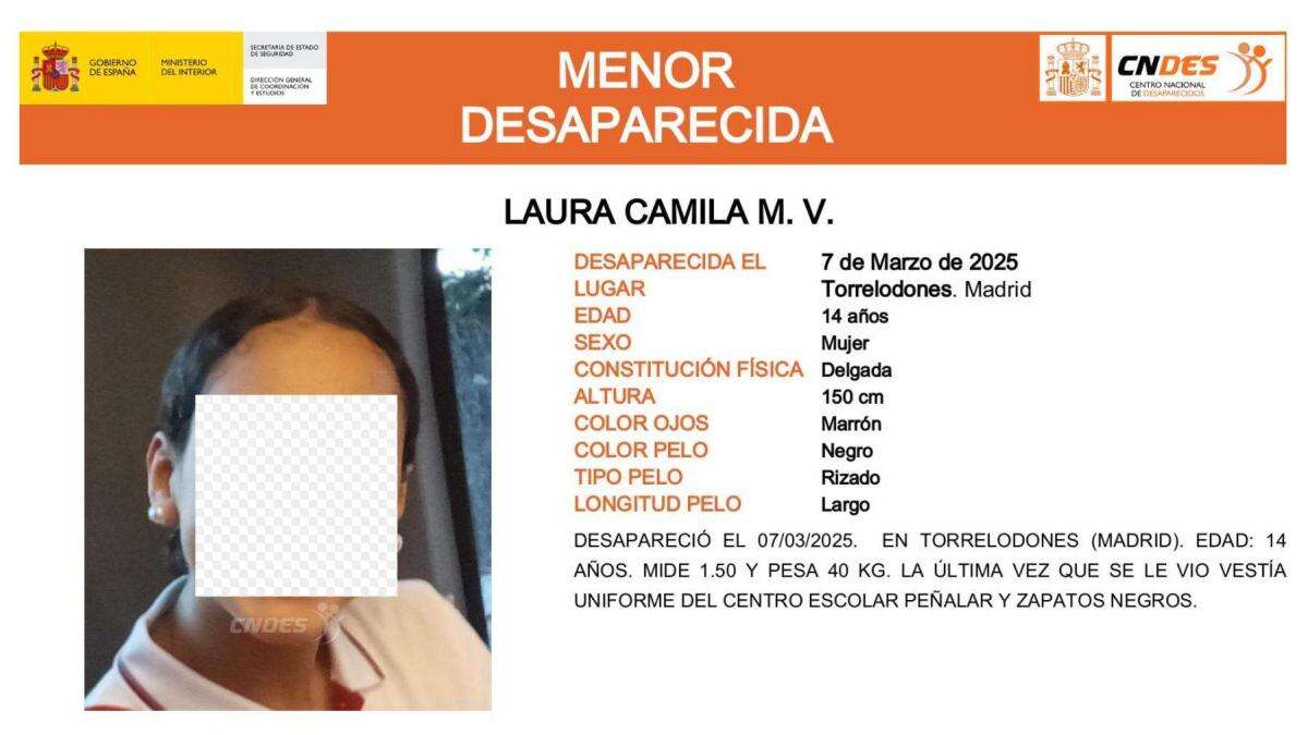 Activada una alerta para encontrar a Laura Camila M. V., una menor de 14 años desaparecida en Madrid