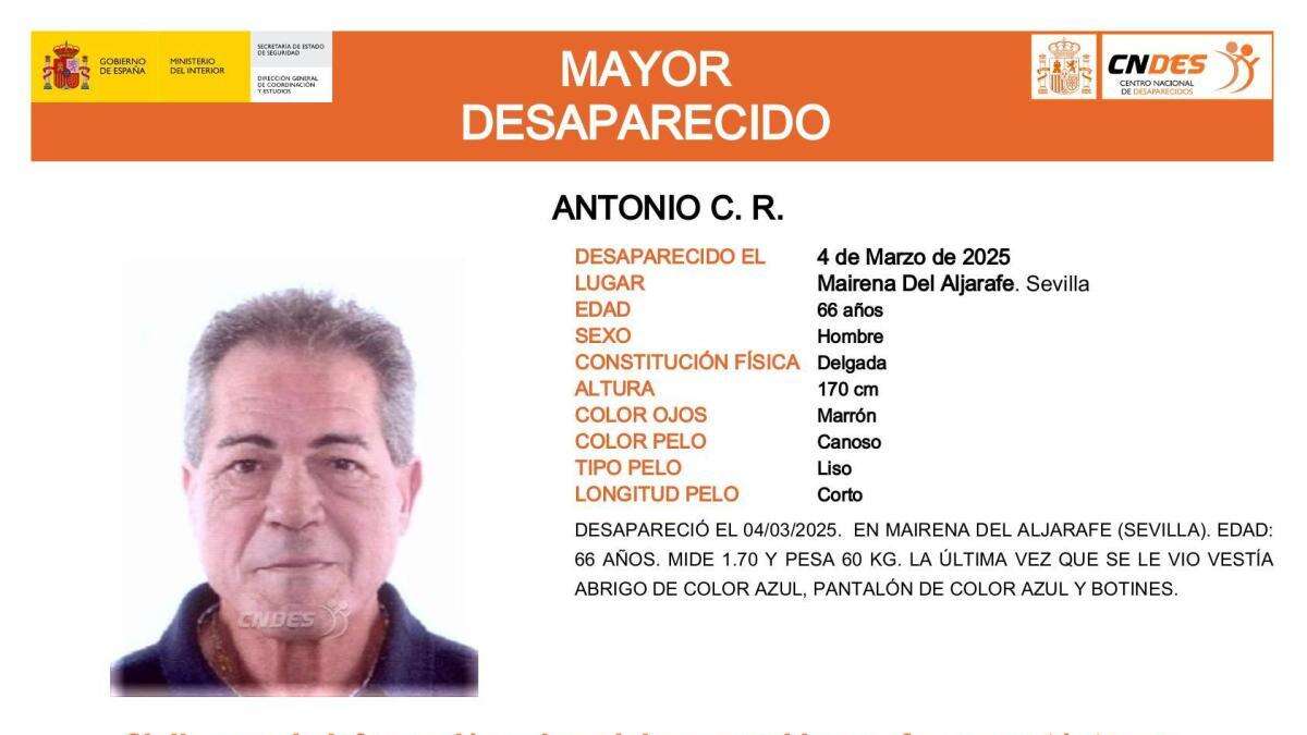 Activada una alerta para encontrar a Antonio C. R., un hombre mayor de 66 años desaparecido en Sevilla