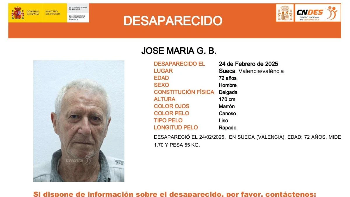 Sin rastro de Jose María G. B., un hombre mayor de 72 años desaparecido en València