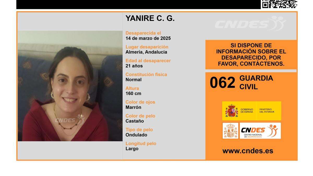 Sin pistas sobre el paradero de Yanire C. G., una joven de 21 años desaparecida en Almería