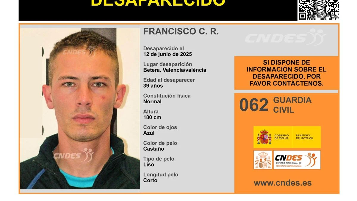Activada una alerta para encontrar a Francisco C. R., un hombre de 39 años desaparecido en València