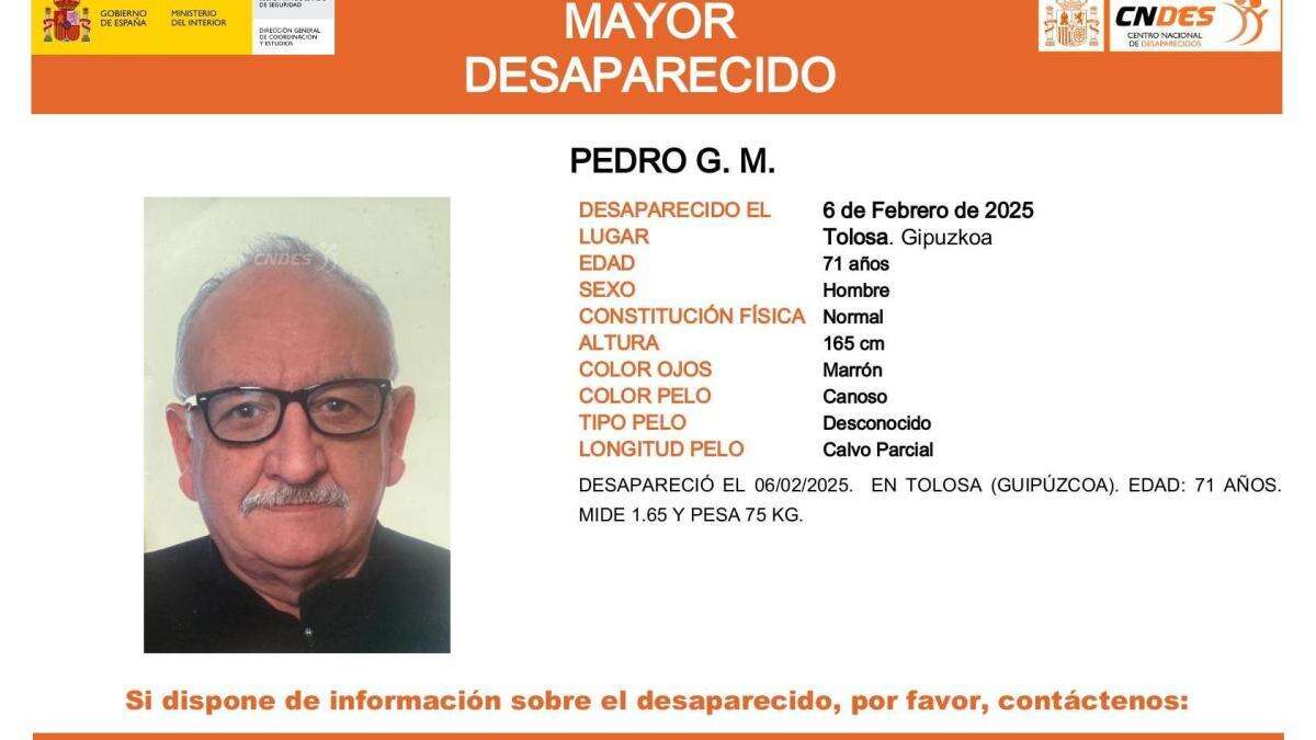 Activada una alerta para encontrar a Pedro G. M., un hombre mayor de 71 años desaparecido en Guipúzcoa