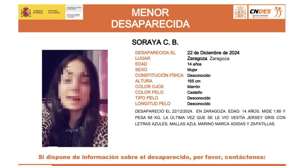 La policía activa la alerta para encontrar a Soraya, la menor desaparecida en Zaragoza