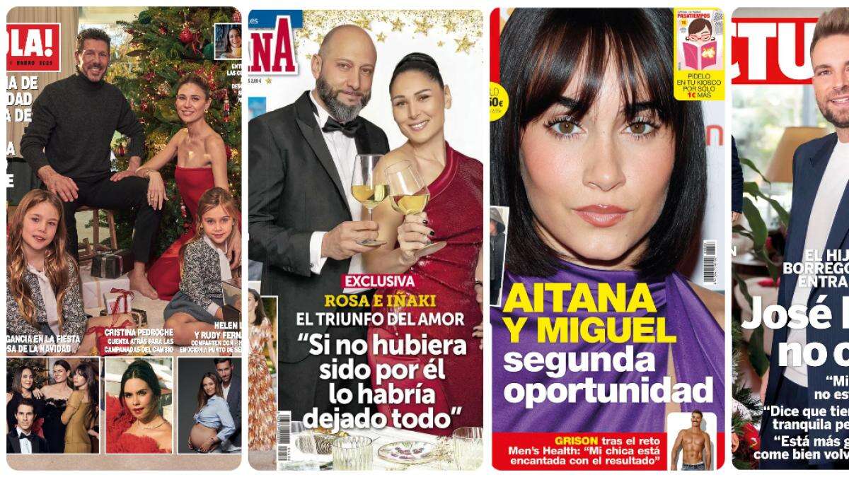 Simeone en familia, Rosa López con Iñaki, Aitana con Bernardeau y J. M. Almoguera, en portada