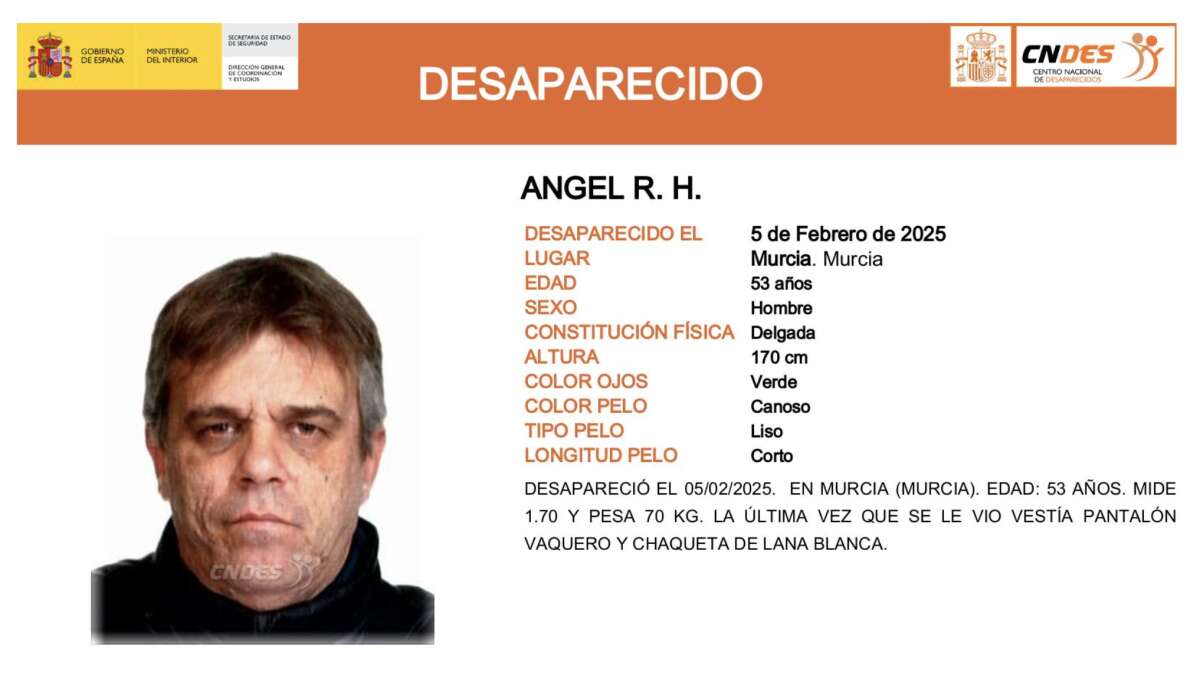 Ni una sola pista sobre Angel, el hombre de 53 años desaparecido en Murcia