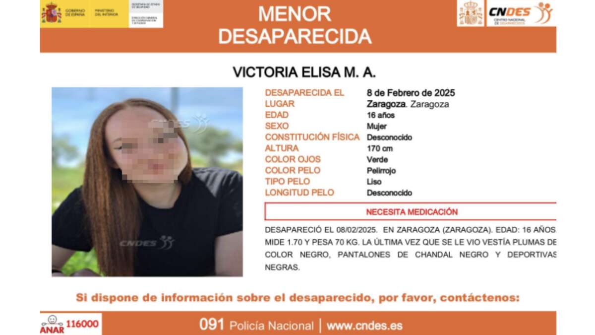 Activada una alerta para encontrar a Victoria Elisa, la menor de 16 años desaparecida en Zaragoza y que necesita medicación