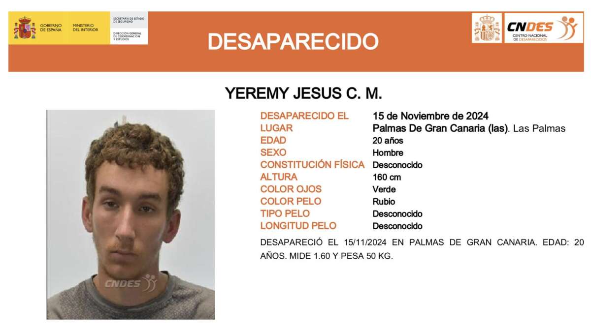 Buscan desde hace noviembre a Yeremy Jesus, un joven de 20 años desaparecido en Las Palmas