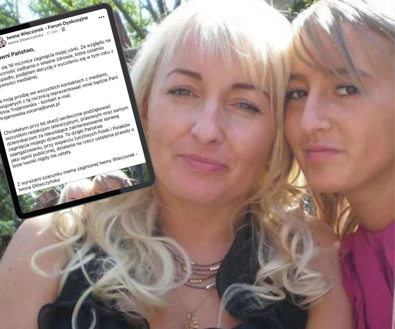 Zaginięcie Iwony Wieczorek 16. rocznica zaginięcia Iwony Wieczorek. Matka się do dziennikarzy