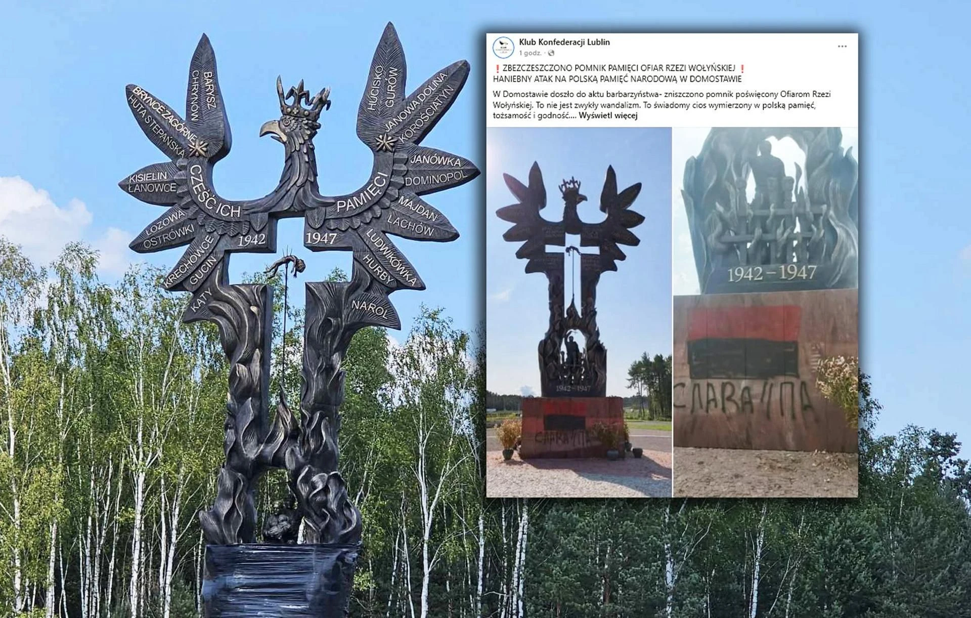 Zdewastowano pomnik Zdewastowano pomnik ofiar Rzezi Wołyńskiej w Domostawie. 
