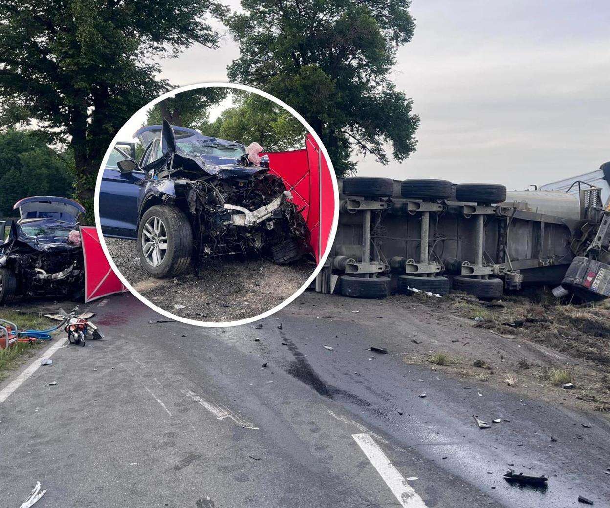 Koszmar na drodze Audi zmiażdżone, ciężarówka na boku. 48-letnia kobieta zginęła w tragicznym wypadku