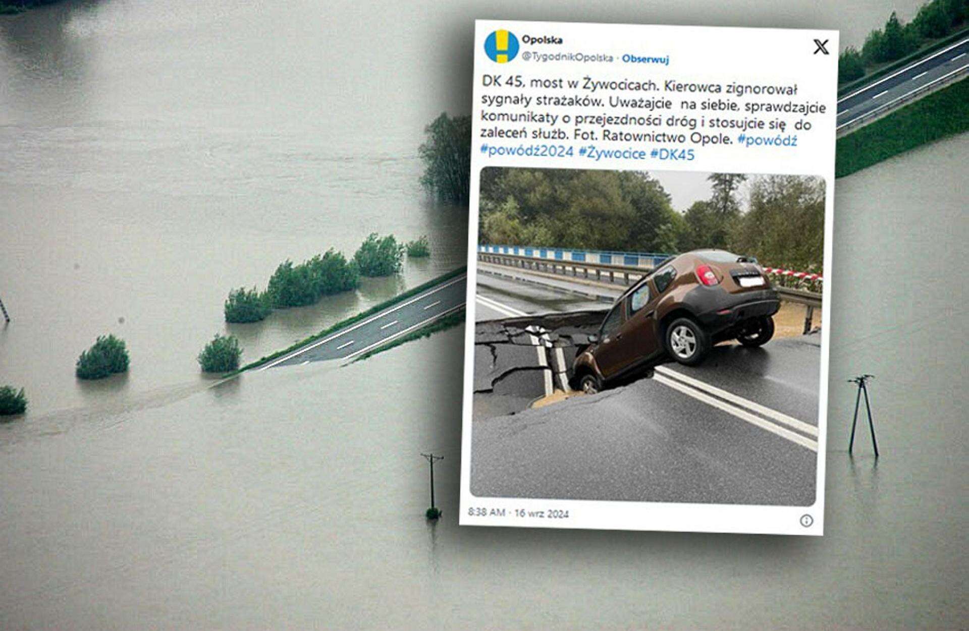 Wielka woda podmyła most Kluczowy most zerwany. Auto zawisło nad przepaścią. Droga krajowa nieprzejezdna