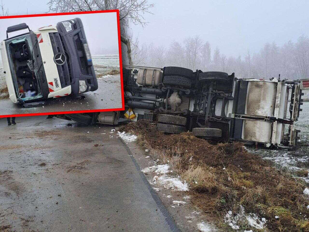 Wypadek Śmieciarka wpadła w poślizg i przewróciła się na bok. Trzy osoby w szpitalu