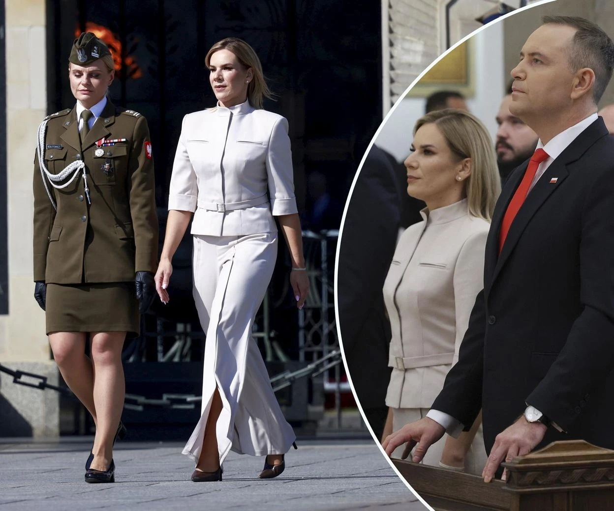 Nowa stylizacja pierwszej damy Stylowo i z klasą! Marta Nawrocka w kostiumie z rozszerzanymi nogawkami skradła show podczas Święta Wojska Polskiego [ZDJĘCIA]