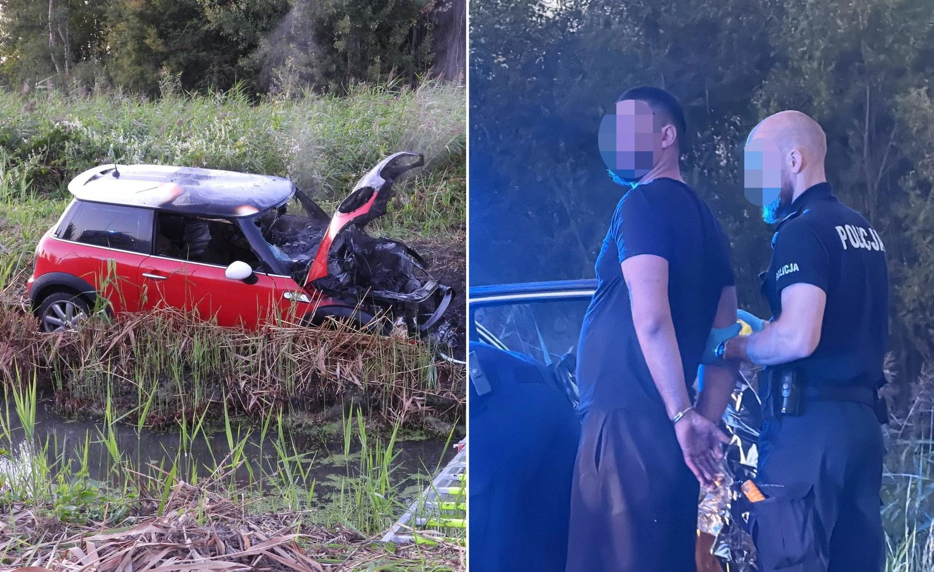 SZOK Mini Cooper w ogniu! Kierowca osobówki utknął w błocie i spalił auto
